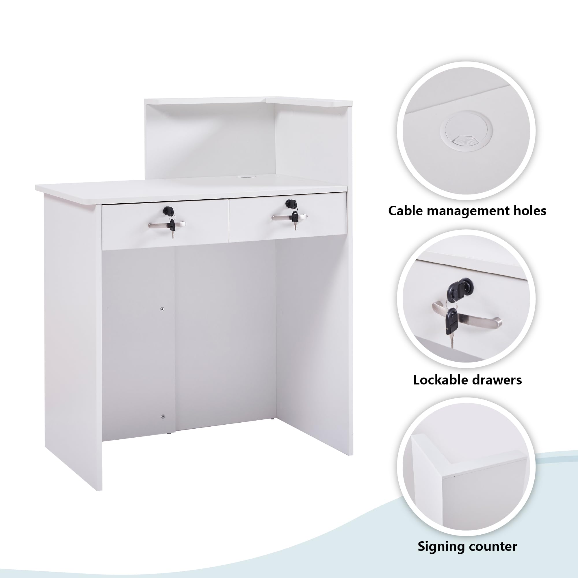 Mostrador de Recepción Moderno 80 cm, Mueble de Oficina de MDF con Cajón Cerradura y Estantes Abiertos, Escritorio de Recepción para Peluquería, Centro de Belleza, Tienda, Hotel y Oficina