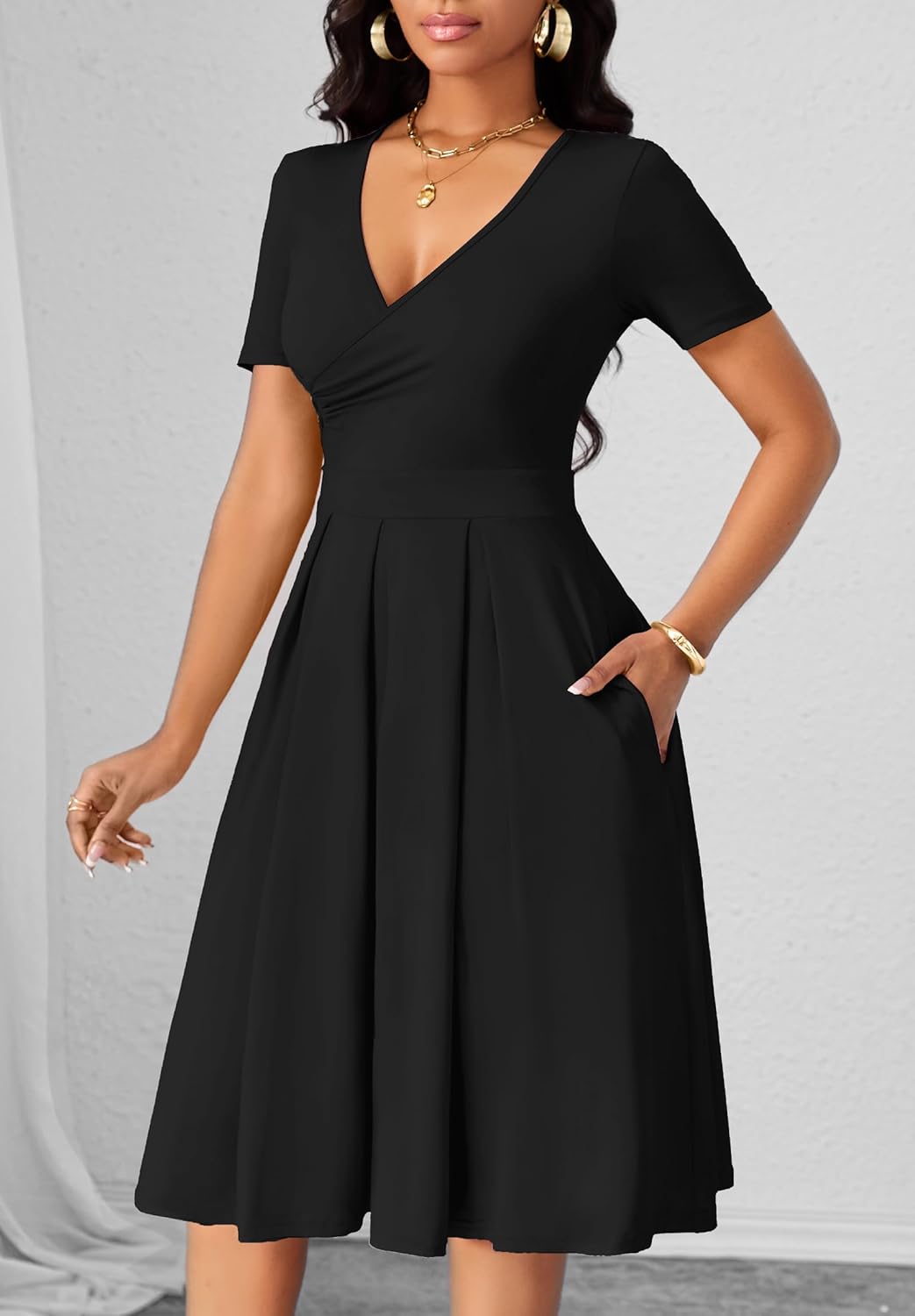 Women's Casual Wrap Dress Wedding Guest Dresses with Pockets Short Sleeve A-Line Swing V-Neck Pleated Dresses - Image 2