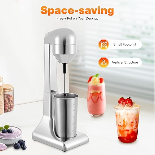 Miniatura 3 de Mezclador eléctrico de bebidas, mezclador retro y espumador de leche, taza de acero inoxidable de 17.7 fl oz, 2 velocidades (16,000-22,000 RPM),