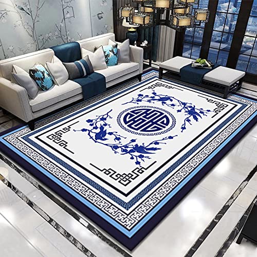 Tapis de salon géométrique 120x180cm blanc et bleu en poils courts pour chambre