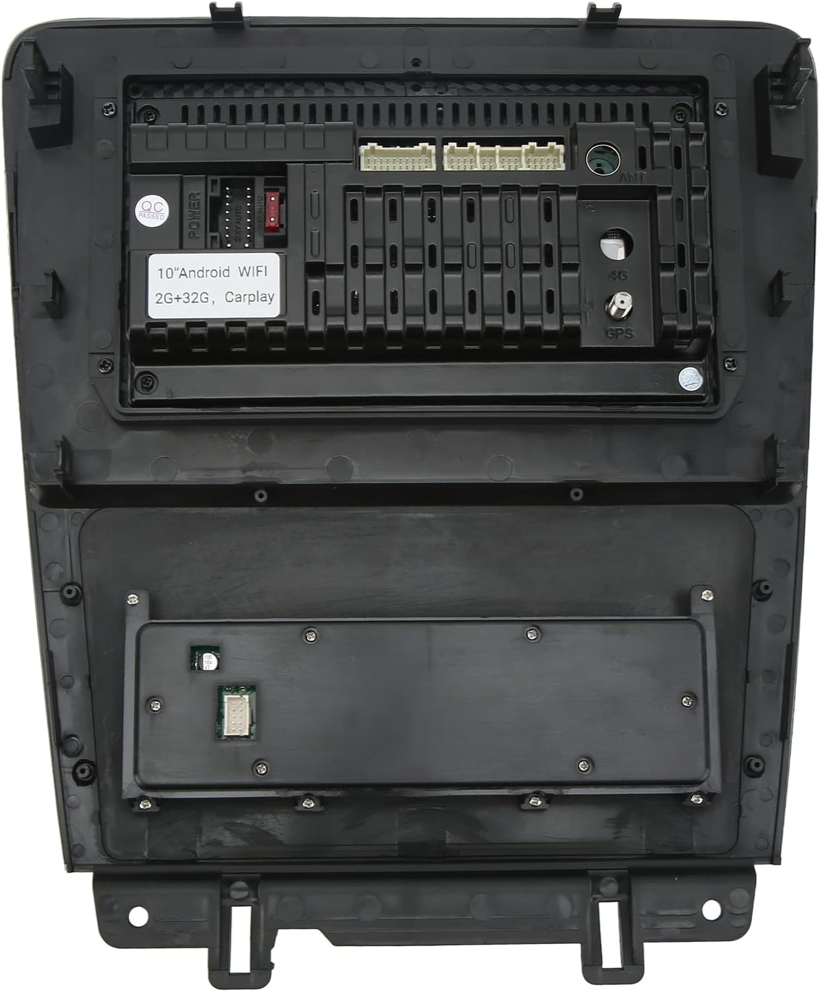 Galinis view of the Luqeeg car stereo showing various ports for power, GPS, Wi-Fi, and other connections.