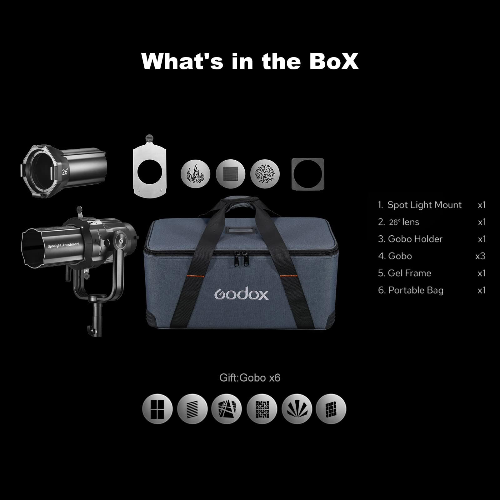 Godox VSA-26K Spotlight Attachment Kit, snoot cónico con Lente de proyección de 26° y 9 gobos para Flash y luz de vídeo (VSA-26K)