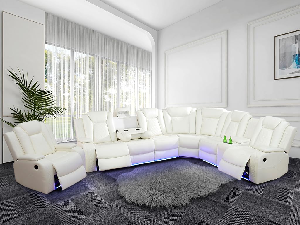 Caberryne Power Recliner Sofa Sectional, Creamy, L-Shape, 76.5" W x 37" L x 41" H, Modern Style, LED Light, 3 Recliner Seats, Storage Console, USB Charging, Easy Assembly