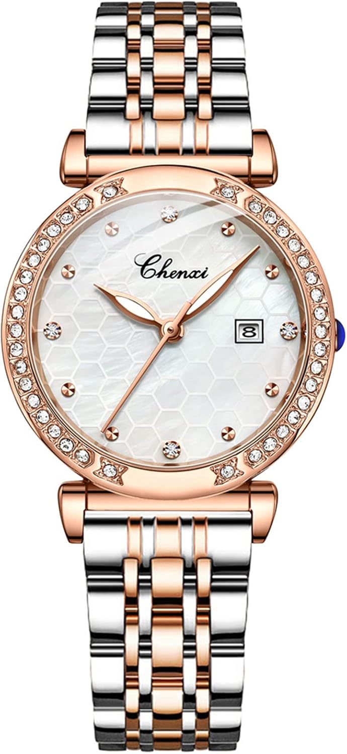 FANMIS Women's Luxury Dress Rhinestone Stainless Steel Waterproof Quartz Date Luminous Casual Watch Silver Green (Rose Gold K) 001