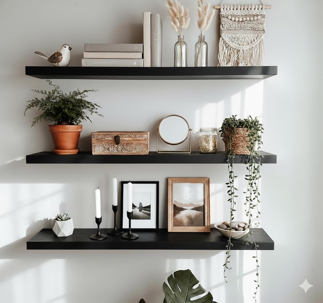 SS.COLLECTION | Floating Wall Shelves, Modern Display Ledge, Set of 3, Home Decor Storage | Hanging wall Shelf for Home and Office Decor | Simpel Look Bathroom wall Shelf| 24 Inch, 8Inch (Black)-image-36