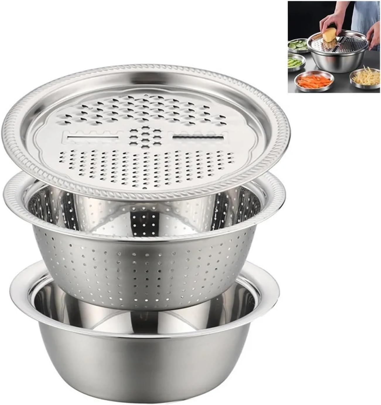 Three pieceStainless Steel Baking Mixing Bowl Multi purpose andStrainer forWashing and SlicingVegetables