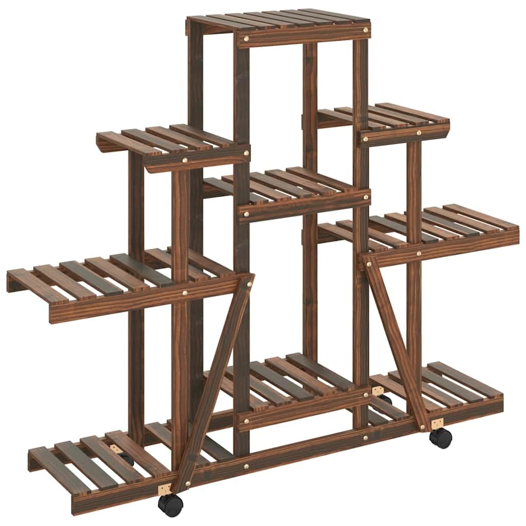Pflanzenregal mit Rollen 110x25x101 cm Blumenständer aus Tannenholz Mehrstöckige Blumentreppe für Indoor Wohnzimmer Balkon und Terrasse Karbonisiert Braun