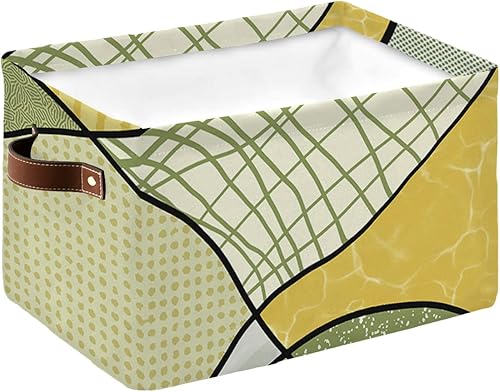 Teal Yellow Storage Basket for Organizing Shelves, Collapsible Storage Bins Boxes with Handle, Modern Plaid Striped Geometric Abstract Art Canvas