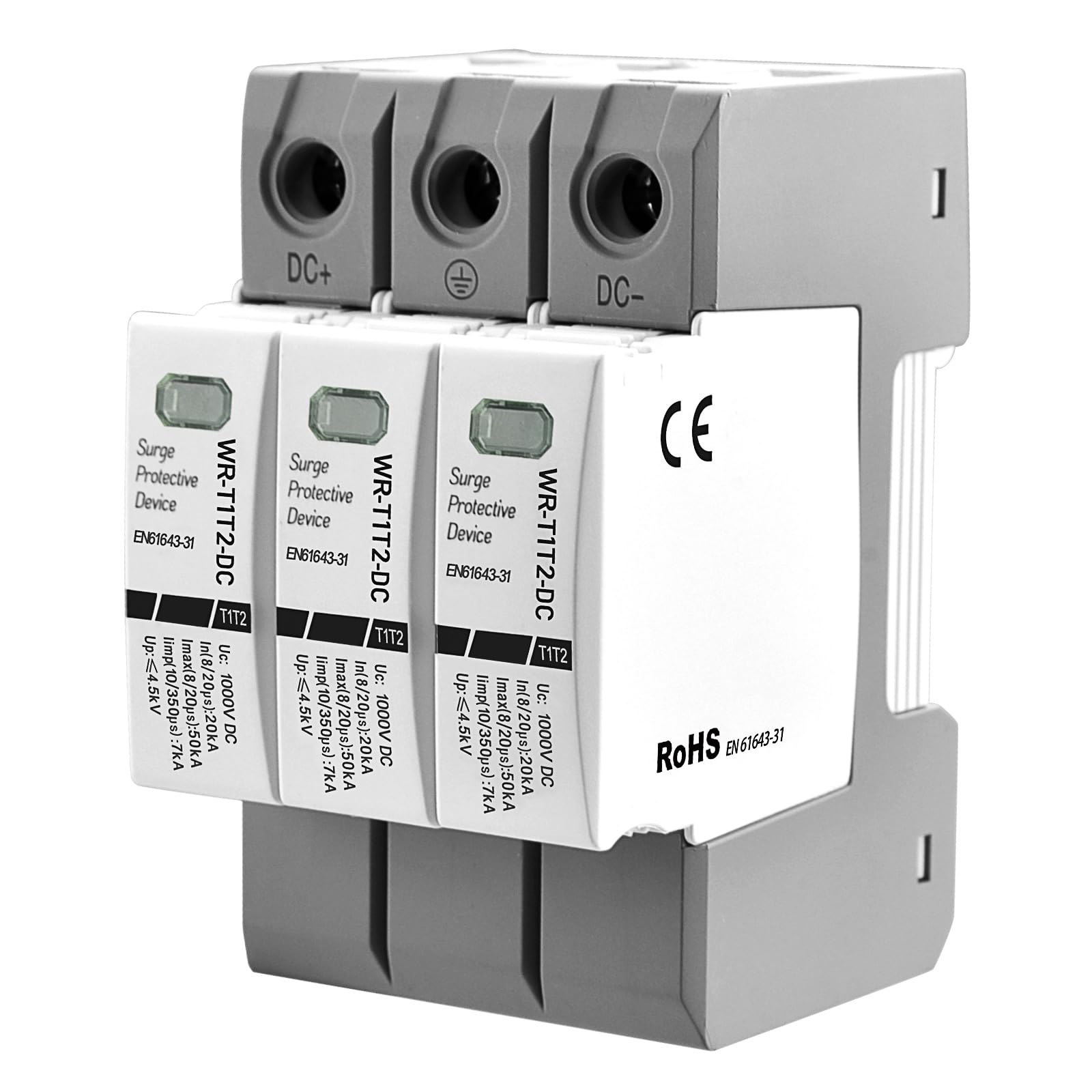 Heschen WR-T1T2-DC 3P 1000V DC In 20KA Iimp 7KA Type T1+T2 Fire Retardant DC Surge Protector for Photovoltaic Solar Surge Protector 35mm DIN Rail Mount CE Certified
