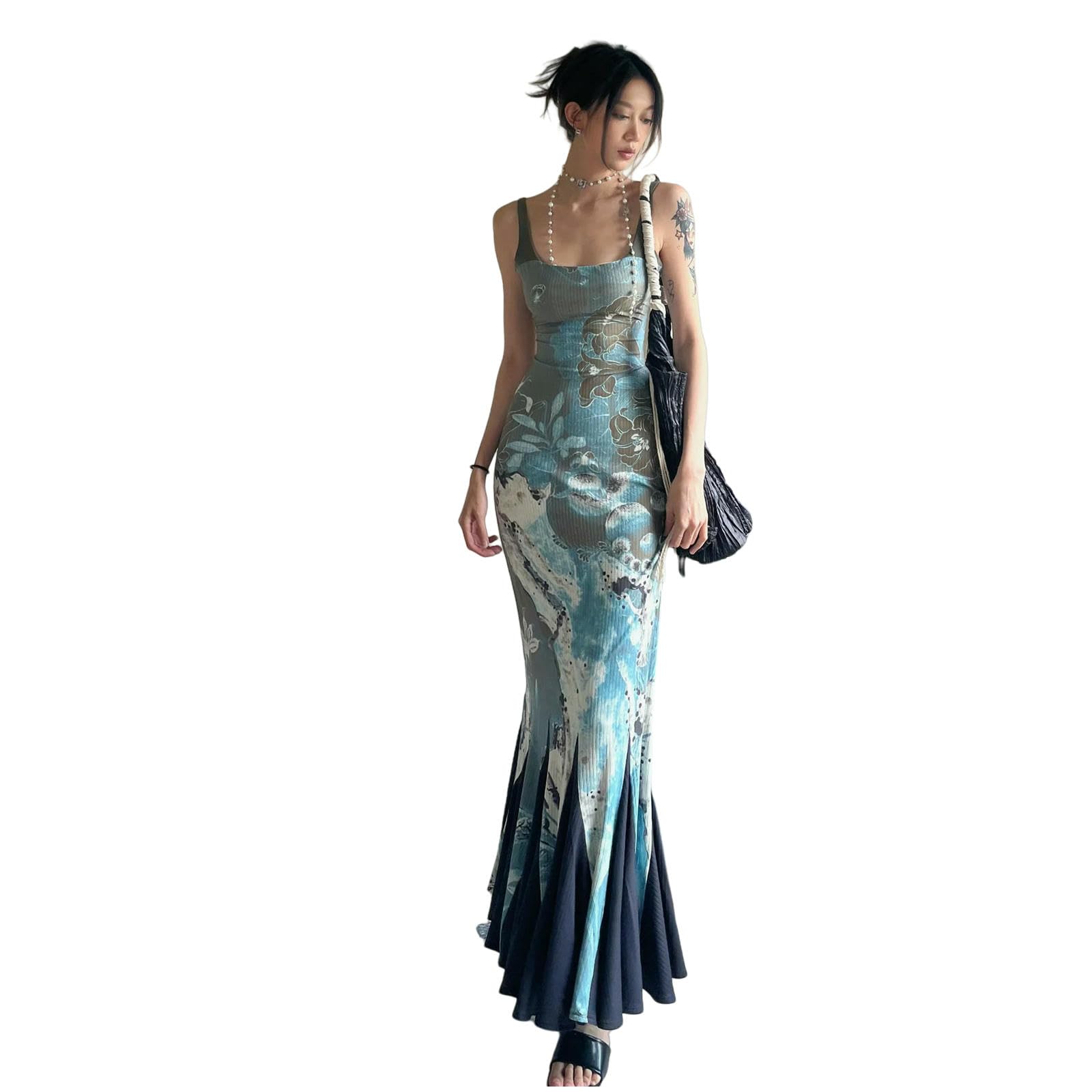 Vestito Donna Elegante Abito Tromba da Cinghie Abiti Senza Maniche Sexy Temperamento Estate Gonna lungo-grigio-4xl