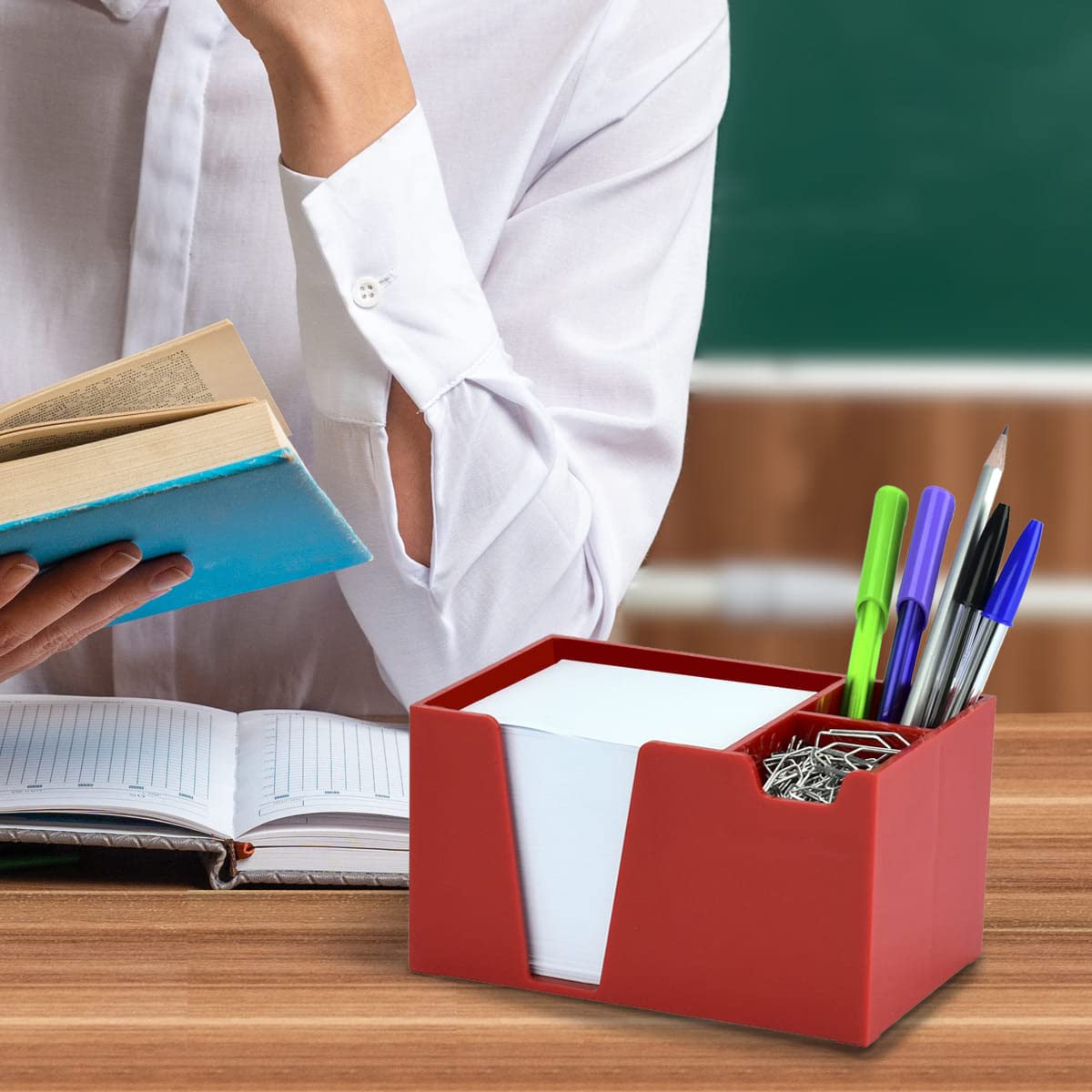 Acrimet Schreibtisch-Organizer für Stifte, Kugelschreiber, Papier, Büroklammern, Utensienhalter (Kunststoff) (Weißes Papier enthalten) (Rot)