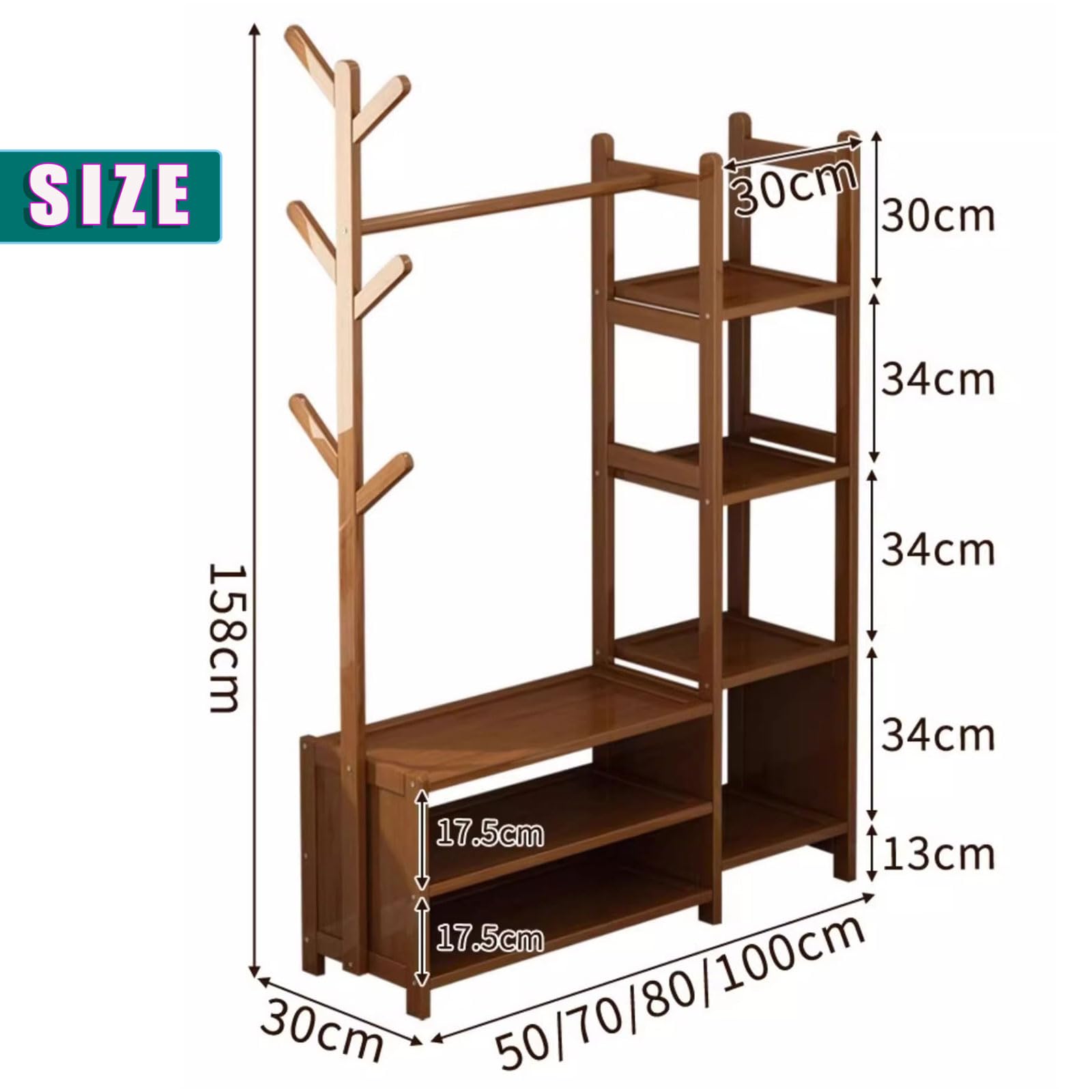 Multifunktionaler Kleiderständer aus Holz, offener Bambus-Kleiderbügel mit Schubladen, platzsparende 4-stöckige Ablagen für Kleidung, Hüte, Taschen & Aufbewahrungsbox