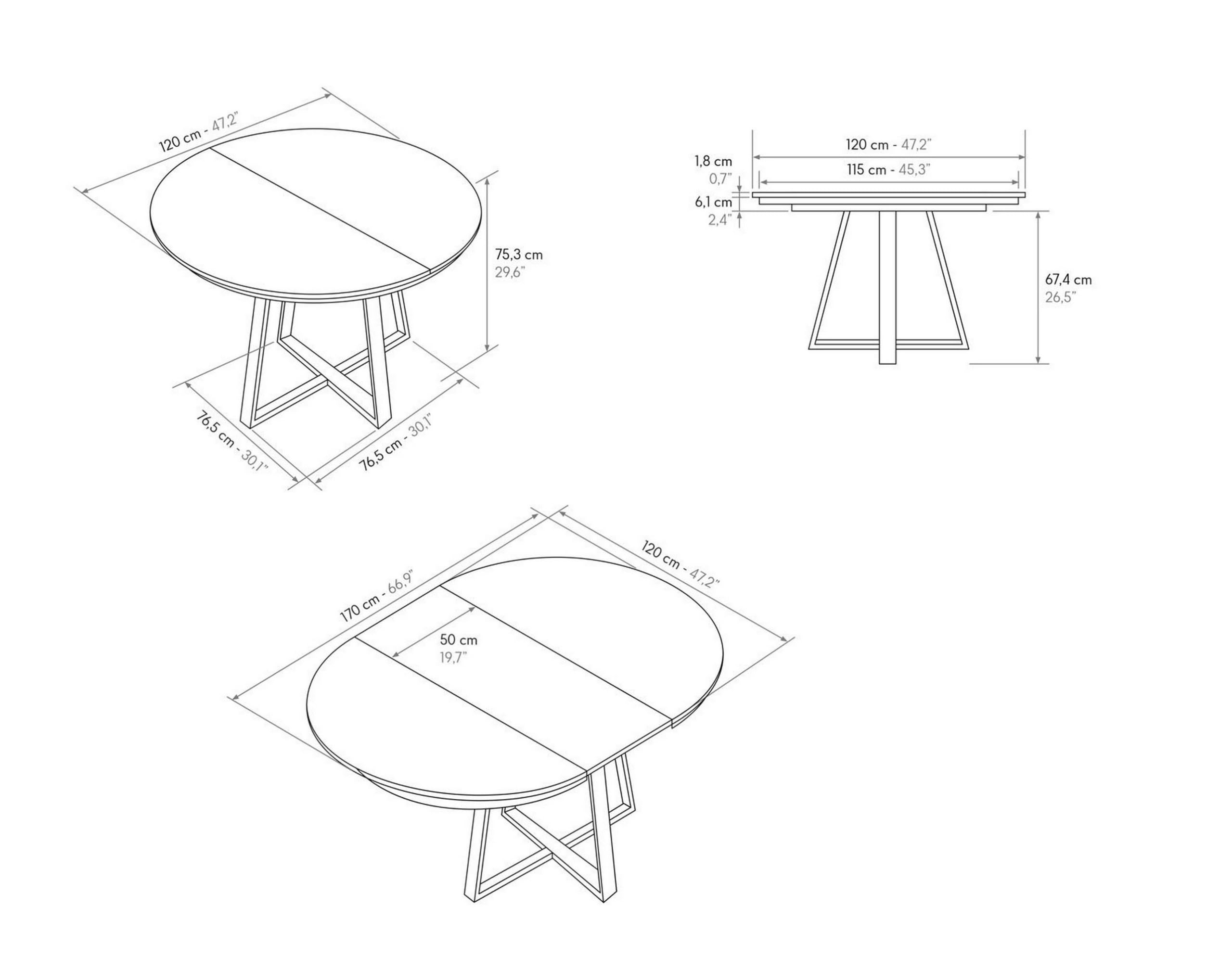 KONTE.DESIGN Tavolo rotondo PANTELLERIA in legno effetto rovere rustico con base a X in metallo antracite, allungabile ⌀120 cm - ⌀170 cm
