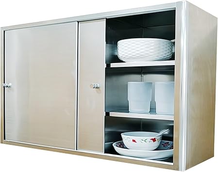 Stainless Steel Storage Cabinet, Silent Sliding Door Wall Mounted Cabinet with Adjustable Layer Board for Kitchen Bathroom Garage Office Balcony60x40x20cm/24x16x8in
