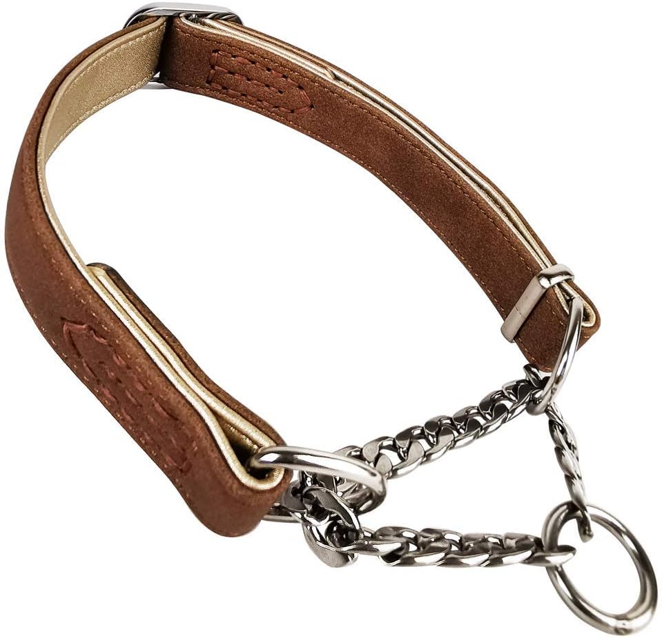 Tongabc Rolled Leather Dog Collars for Large Dogs, Martingale Collar, Stainless Steel Chain - for Medium Large Pets