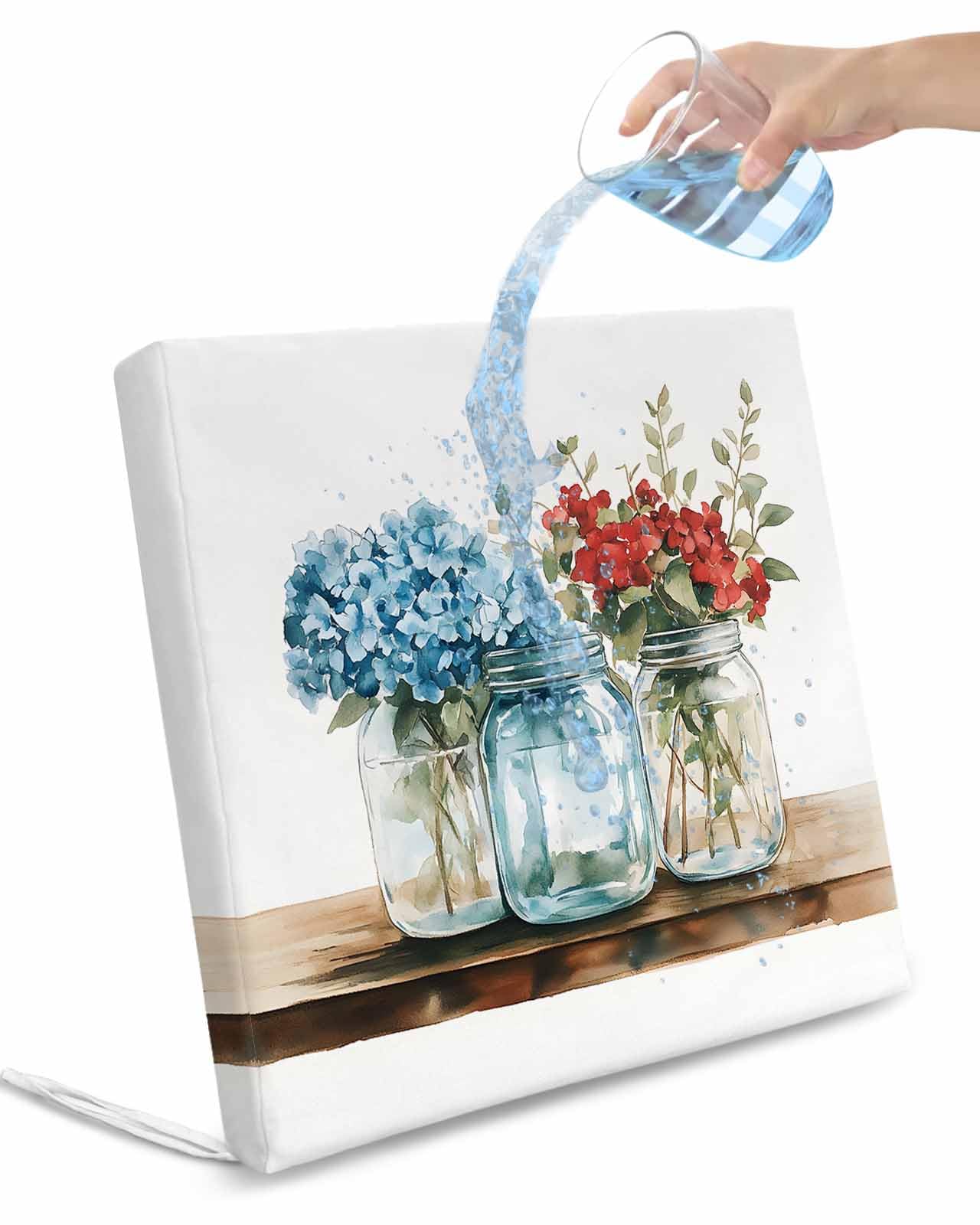 2 Pack Spring Flowers Waterproof Cushion Covers with Ties, Outdoor Patio Chaise Lounge Chair Seat Cushion Slip Covers Replacement(Only Cover) Red Blue Bottle Floral Watecolor Eucalyptus 22