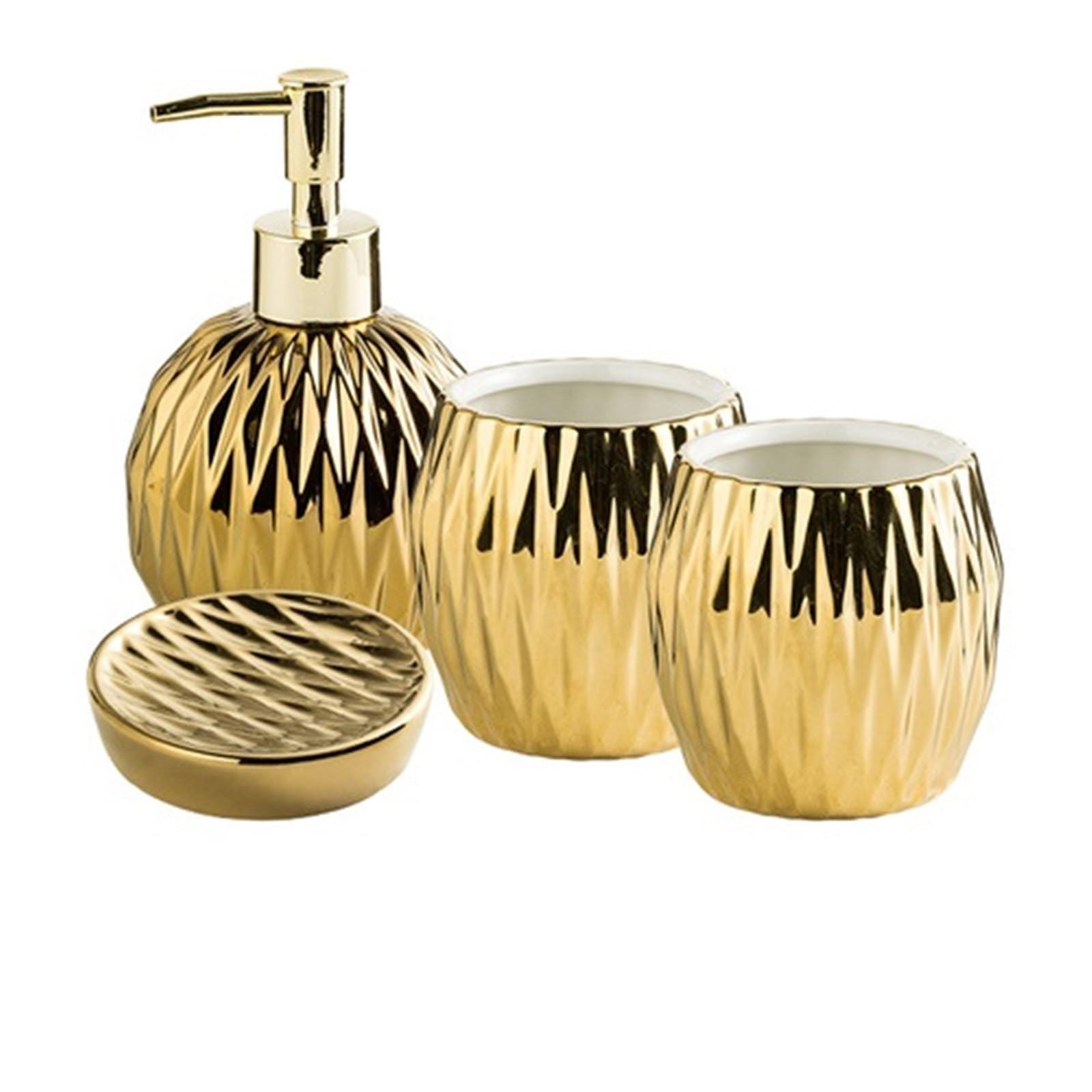 Soap Dish Set Light Luxury Electroplated Ceramic Wash Set Creative Soap Dispenser Mouthwash Cup Dish Bathroom(A-4-piece set)