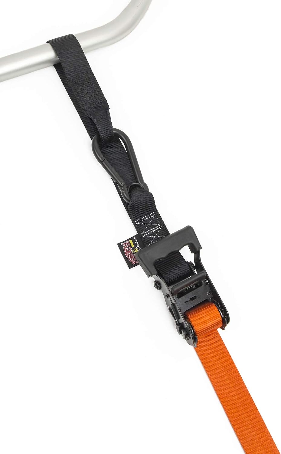 PowerTye 1.5in x 6.5ft Heavy-Duty Yellow-Zinc Ratchet Tie-Down Straps with Soft-Tye and Carabiner Hooks- 1,000 lb Working Load Limit / 3,000 lb Breaking Strength - Made in USA - Orange/Black (Pair)