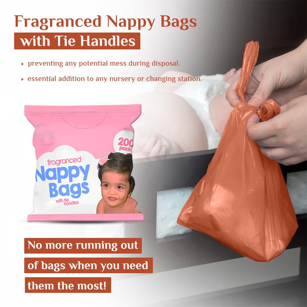 ANGIX 200 X Fragranced Nappy Bags With Tie Handles, Disposable Nappy