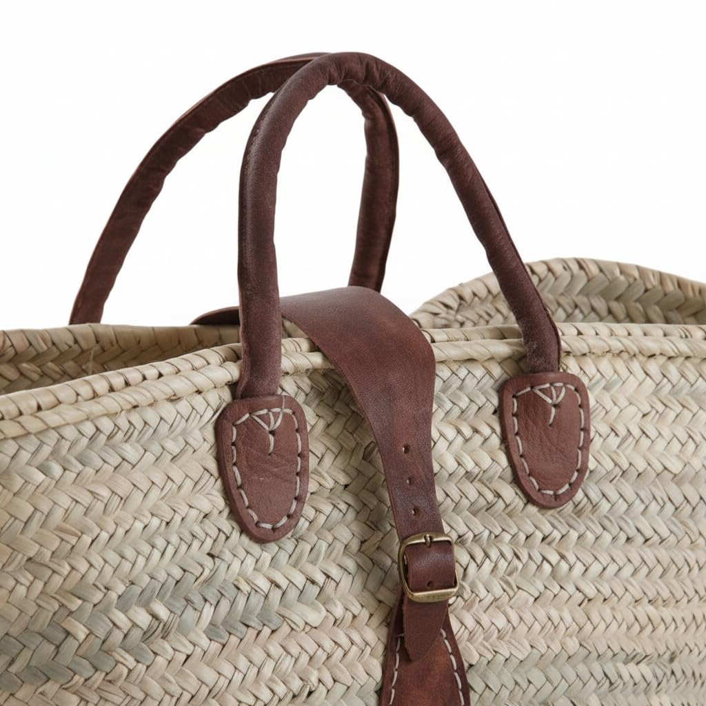 AUBRY GASPARD - Panier Cabas avec Poignées et Fermeture Cuir - Palmier Naturel - Longueur 60 cm - Fabrication Artisanale - Détails Cuir Marron - Polyvalent Plage ou Courses - Poids 0,57 kg