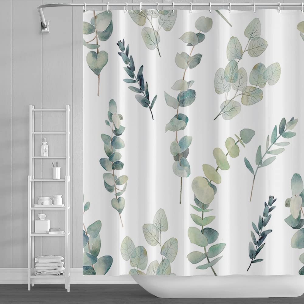18meng Art Shower Curtain Green Leaf Mould Proof Weighted Polyester Fabric Bathroom Curtains 180x210cm Waterproof Resistant Wet Room Washable Bathtub Curtain with 12 Hooks