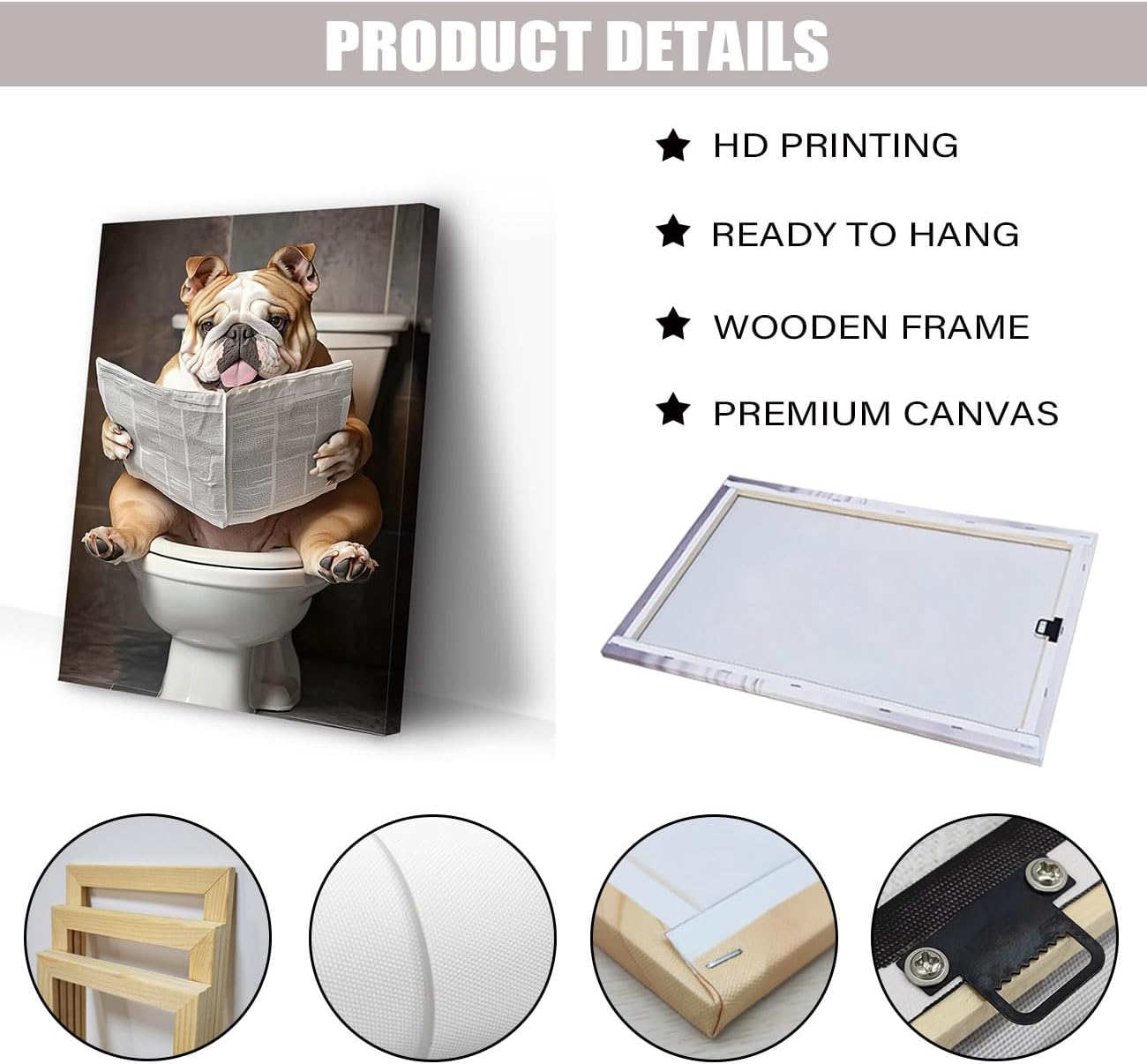 CCWACPP Dog Bathroom Wall Art Funny Animal Pictures Bulldog Reading Newspaper on Toilet Print Whimsical Animal Canvas Toilet Decor Framed (12.00" x 18.00")