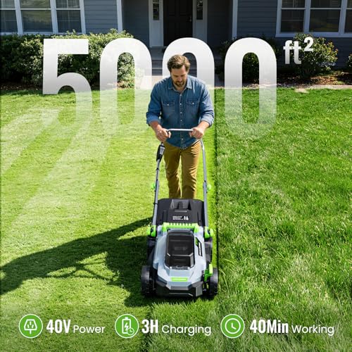 Image of 13 Inch Cordless Lawn Mower, 40V Electric Lawnmower for Garden /Patio /Yard | 2 x 20V 4.0Ah Battery, 13 inch Cutting Width, 5 Adjustable Height, 30L Grass Bag, Bagging Mode&Mulching Mode