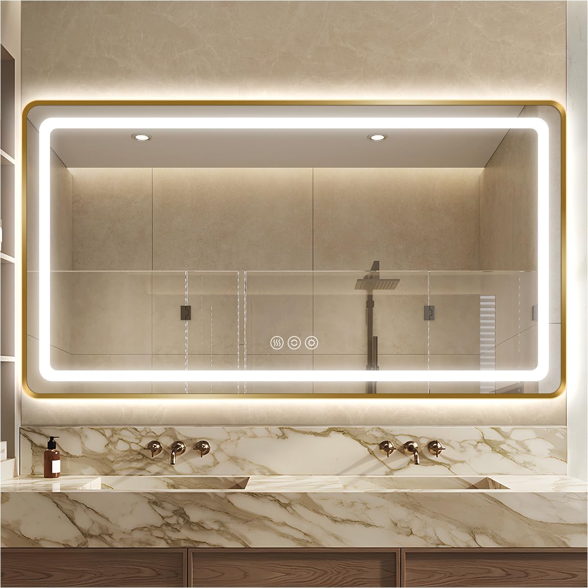 36"H x 48"W Gold LED Bathroom Mirror with Lights, Rectangle-Rounded-Corner Lighted Mirrors for Bathroom Wall, Memory Function, Anti-Fog, 3-Color, Frontlit & Backlit Mirror, UL-Listed, CRI 90+