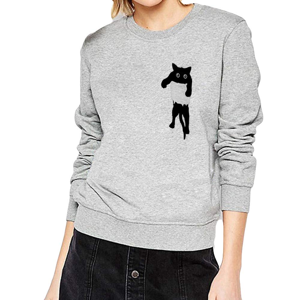 Longra Women Plus Size Solid Cat Print Pullover Long Sleeve O-Neck Sweatshirt Loose Blouse Autumn Winter Tops