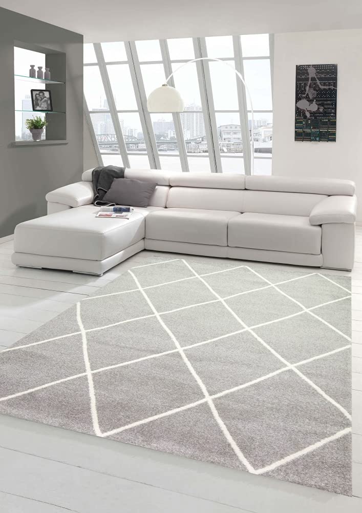 Teppich-Traum Tapis de Salon Design Scandinave Motif Diamant - Facile à Entretenir - Gris crème Blanc Größe 120x170 cm
