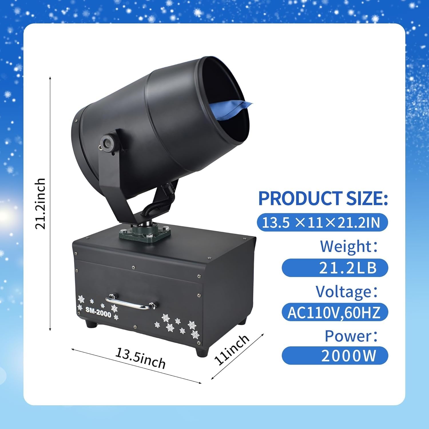 Generatore di neve artificiale per eventi e decorazioni, generatore di neve artificiale da 2000 W di livello commerciale, dotato di telecomando manuale e wireless.