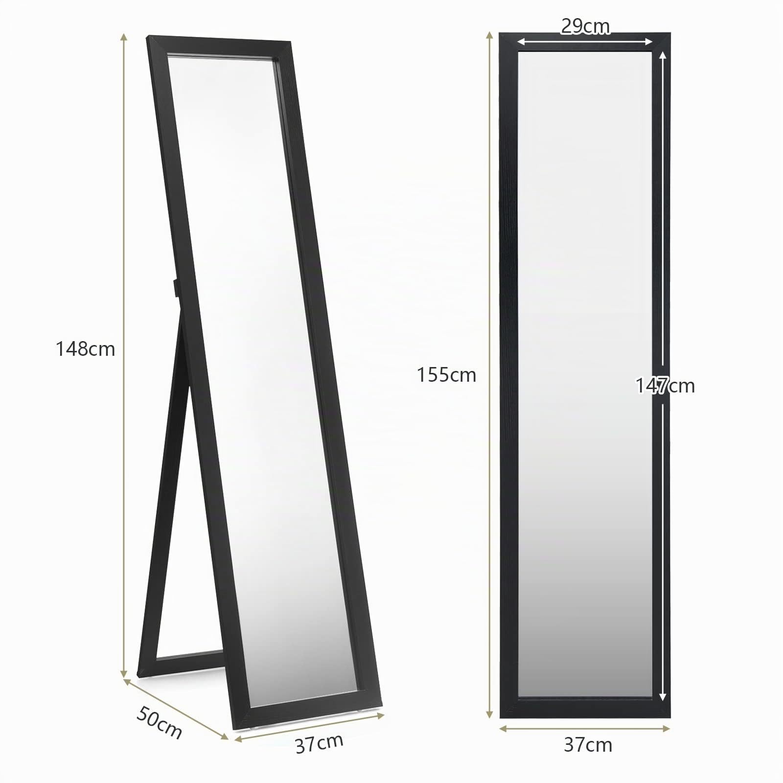 GYMAX Specchio da Terra, Specchio da Parete, Inclinazione Regolabile, con Cornice in Legno Rettangolare, per Camera da Letto, Specchiera Moderna, 37 x 50 x 148 cm (Nero)