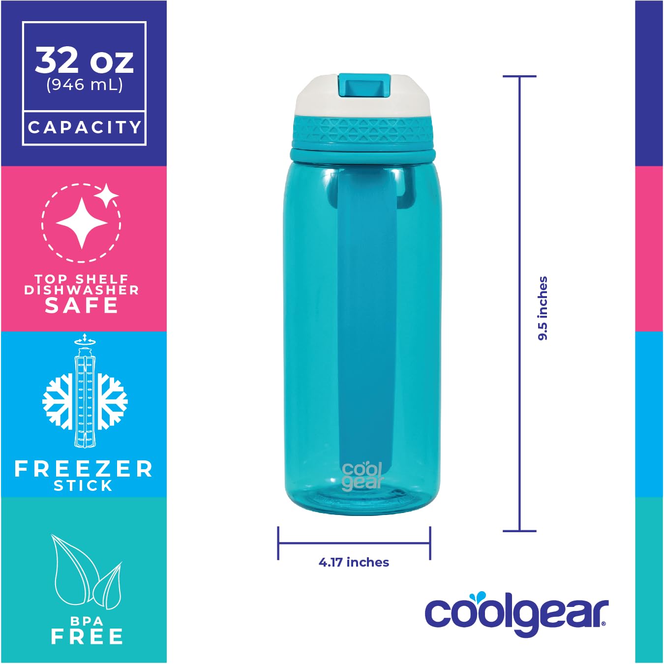 COOL GEAR 2-Pack 32 oz System Sipper Water Bottle With Tritan Plastic, Flexible Handle, & Freezer Stick | Shatter Resistant Water Jug To Keep Drinks Cool