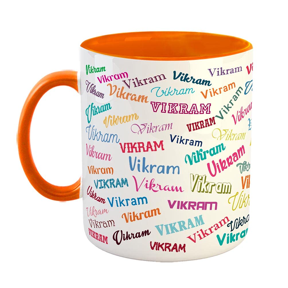 Furnishfantasy Customised Happy Birthday Ceramic Coffee Mug - Best Birthday Gift for Son, Daughter, Brother, Sister, Gift for Kids, Return Gift - Color - Orange, Name - Vikram