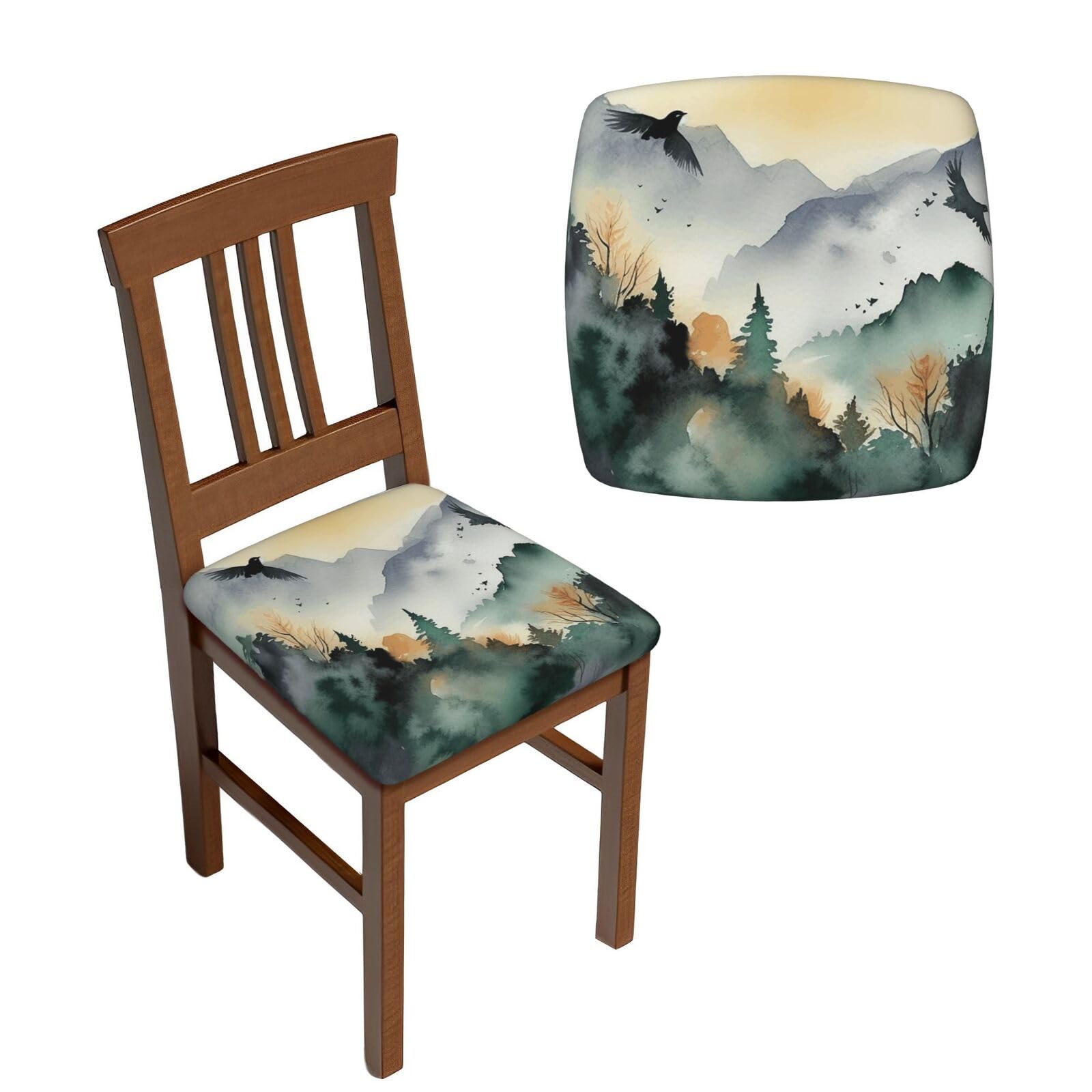 NONHAI 6PCS Dining Chair Seat Covers Set Mountain Birds Watercolor Stretch Removable Chairs Covers Washable Seat Cushion Slipcovers Protector for Dining Room Kitchen Chairs