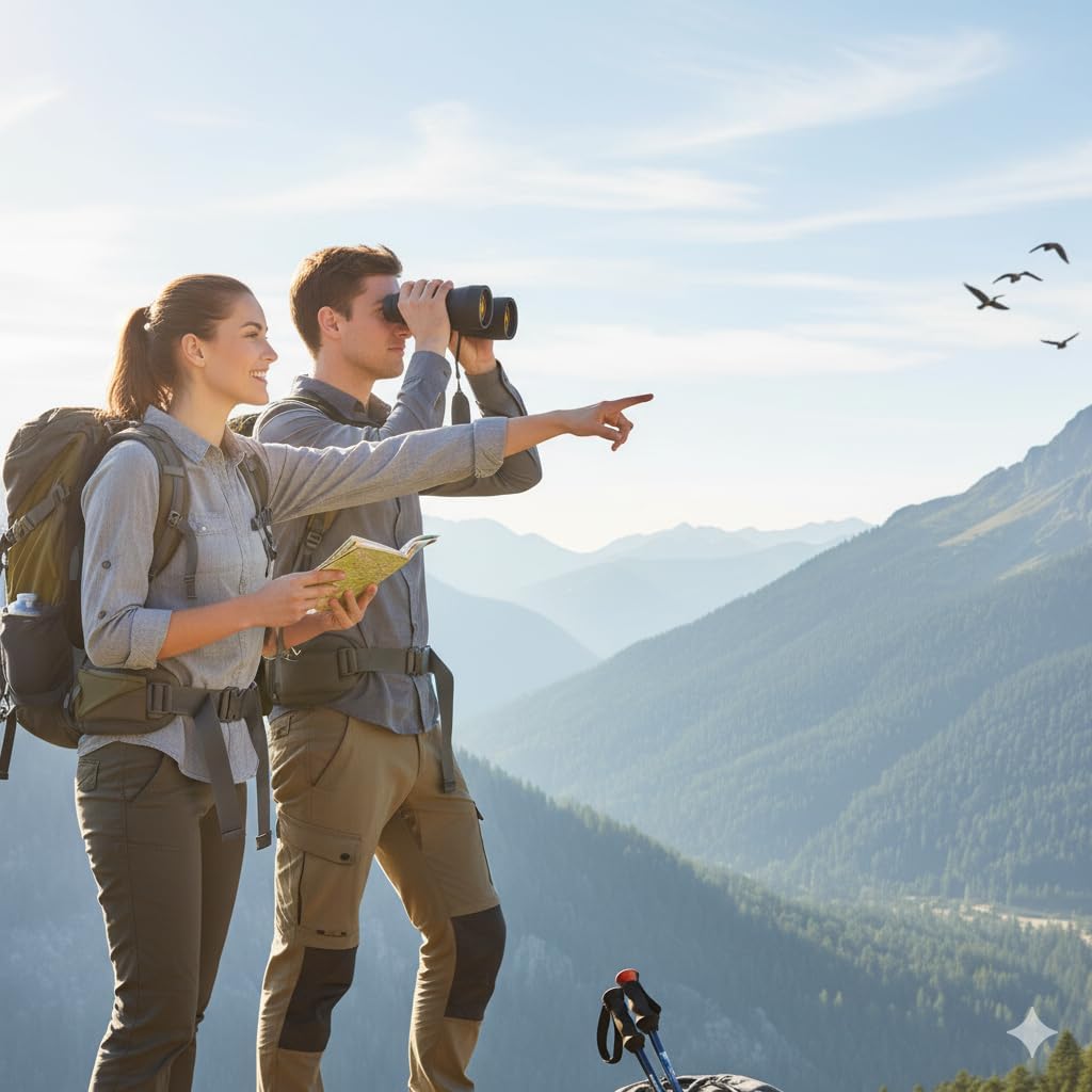 Two people using Barska Gladiator Zoom Binoculars for bird watching and sightseeing in a mountainous landscape