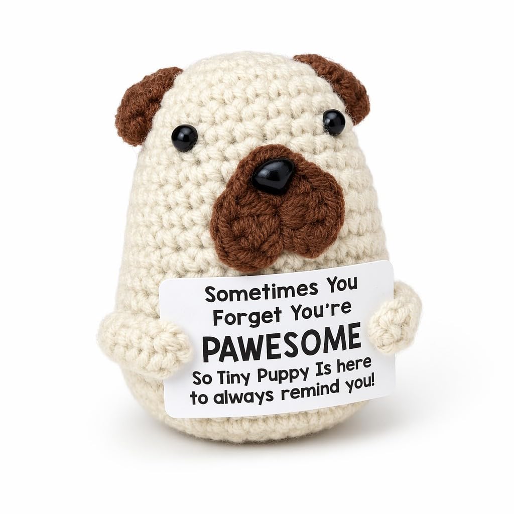 Swjing Women's Puppy Crochet Keepsake With Encouragement Card, Handmade Knitted Dog Ornament, Inspirational Desk Decor Gift For Friends, Coworkers, And Men