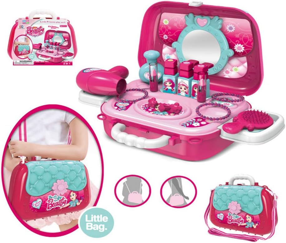 BOYA TOYS -TOYS Play Makeup beauty Toy Beauty Salon Set for Little Girls Kids Makeup ,20 Pieces Dress Up Playset Case, Lipstickz, Beads hair dryer