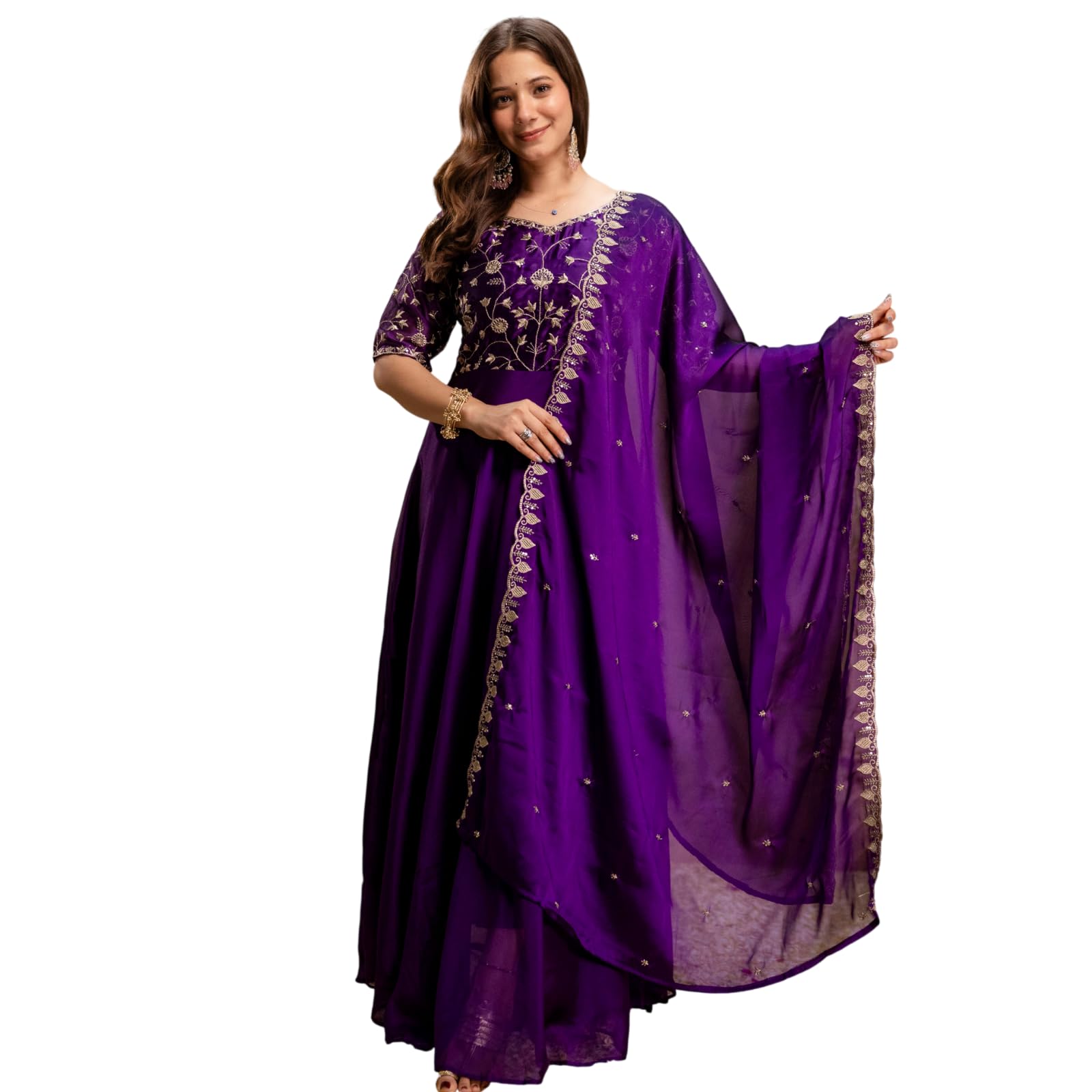 Women’s Purple Anarkali Kurta Set with Dupatta | Embroidered Flared Ethnic Gown Set | Festive 3-Piece Outfit-image-46