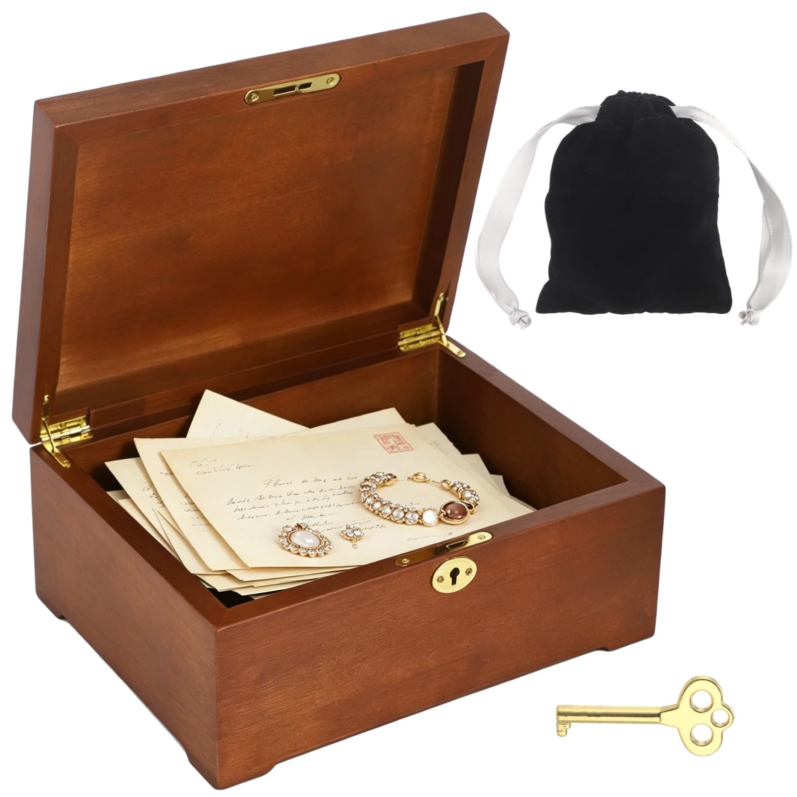 Caja de almacenamiento de madera para recuerdos, 11 x 8.5 x 5.1 pulgadas, caja de madera decorativa con cerradura y llave, organizador de tapa abatible con bisagras para joyas, fotos, objetos