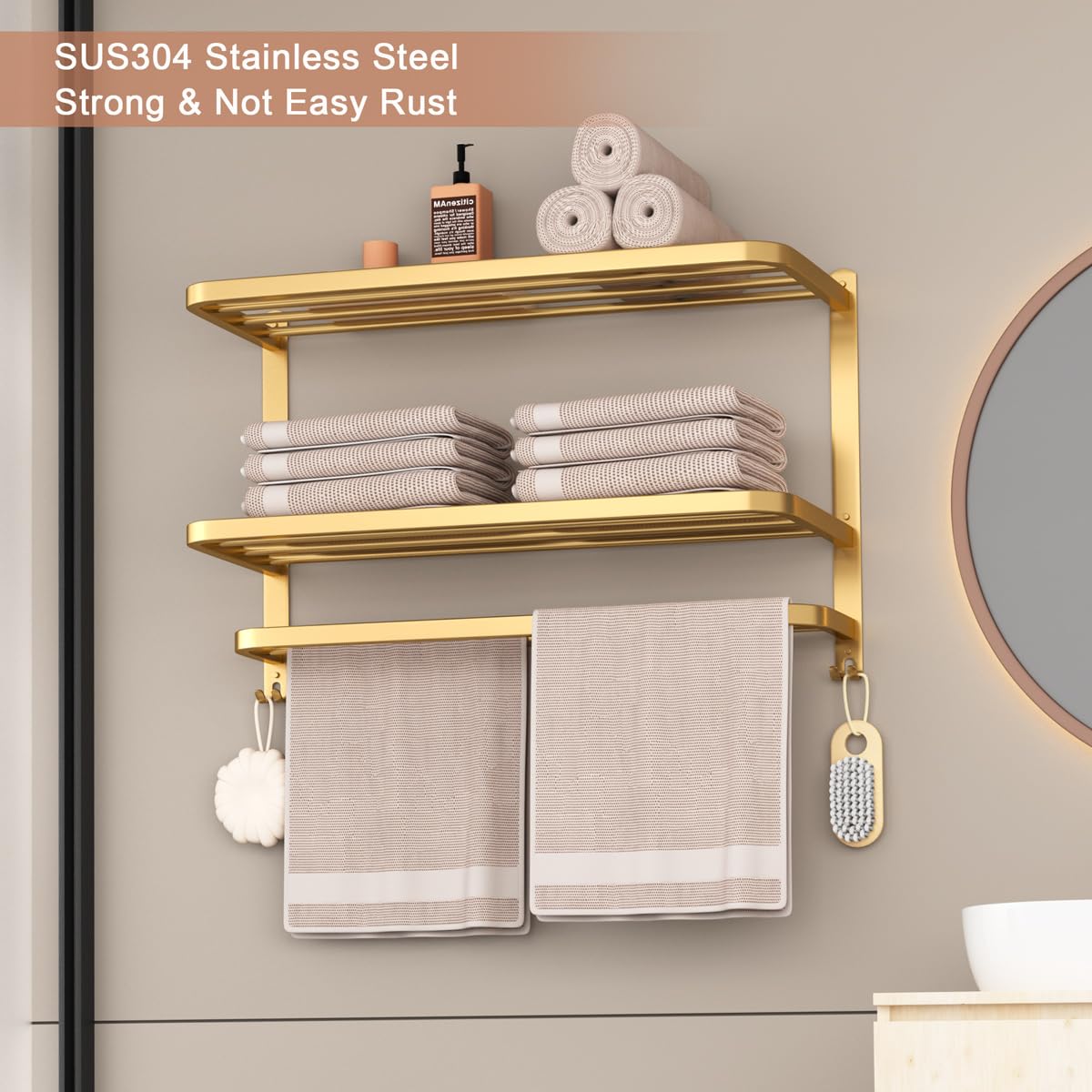 3-stöckige goldene Handtuchhalter für Badezimmer mit Handtuchstangen Mehrschichtiges Hotel Handtuchregal Edelstahl Wandmontage Gebürstete Oberfläche Halter mit Handtuchregalen 58.4 cm