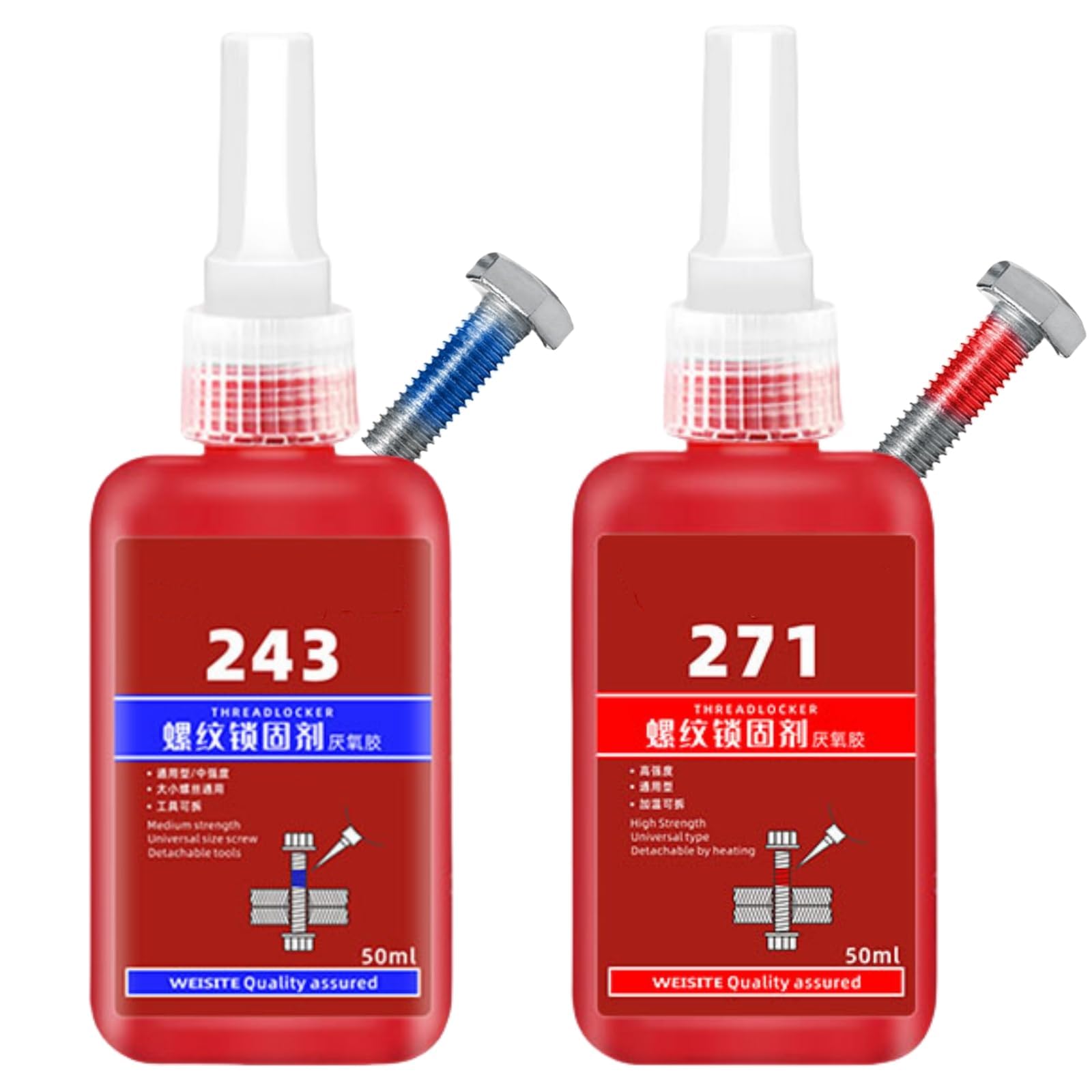 Threadlocker 243 & 271 Kit - 2x50ml Medium & High-Strength Anti-Vibration Adhesive - Prevents Nut, Bolt, Bearing, Screw Loosening - Automotive, Machinery, DIY Use