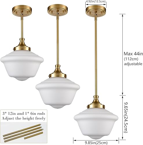 Miniatura 5 de SAMTEEN Moderna lámpara colgante dorada de 10 pulgadas, lámpara colgante de vidrio blanco de 10 pulgadas para isla de cocina, altura ajustable, kit