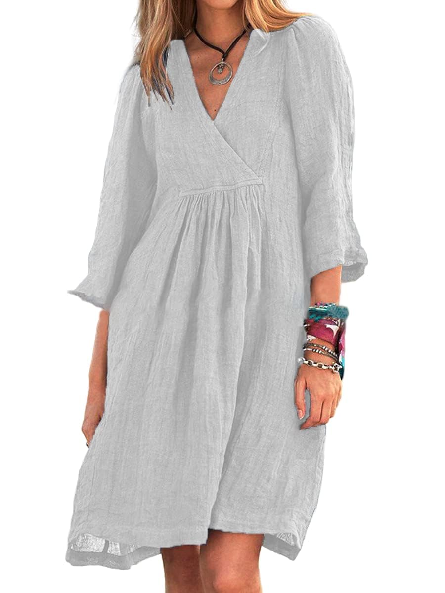 Bengbobar Womens Summer V Neck Linen Dress Loose Half Sleeve Solid Linen Dress Casual Classic Comfort Daily Wear Party Dress