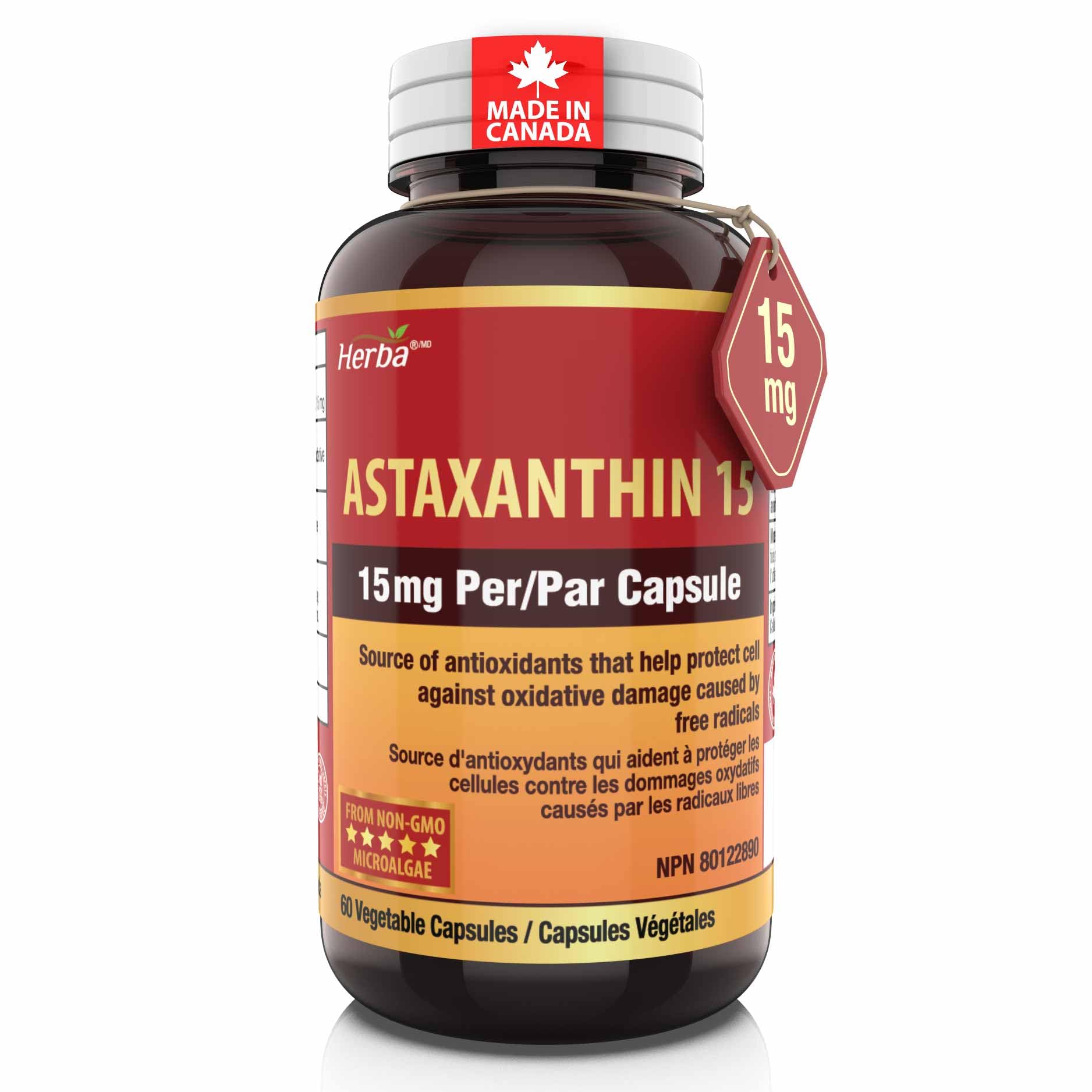 Herba Astaxanthin Supplement 15mg – 60 Vegetable Capsules | Made with Non-GMO Micro-algae | Source of Antioxidant | Made and Third Party Tested in Canada