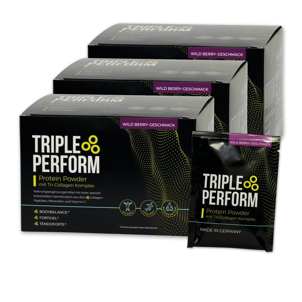 Triple Perform® Kollagen Pulver Wild Berry (90x 26g) im Sachet | Protein Pulver mit bioaktivem Tri-Collagen Komplex | Collagen Peptides | Zink, Magnesium, Vitamin C & Kollagen Peptide