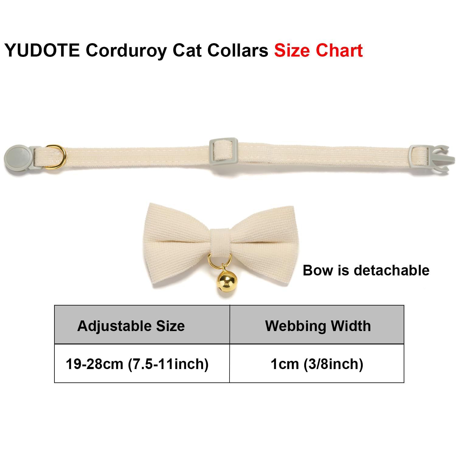 YUDOTE Ultra-soft Collar Natural Cotton Corduroy Made for Cats with Sensitive Skin,Lightweight Feline Collars with Quick-release Buckle and Removeable Bow-tie,White Pack of 1 - Image 3