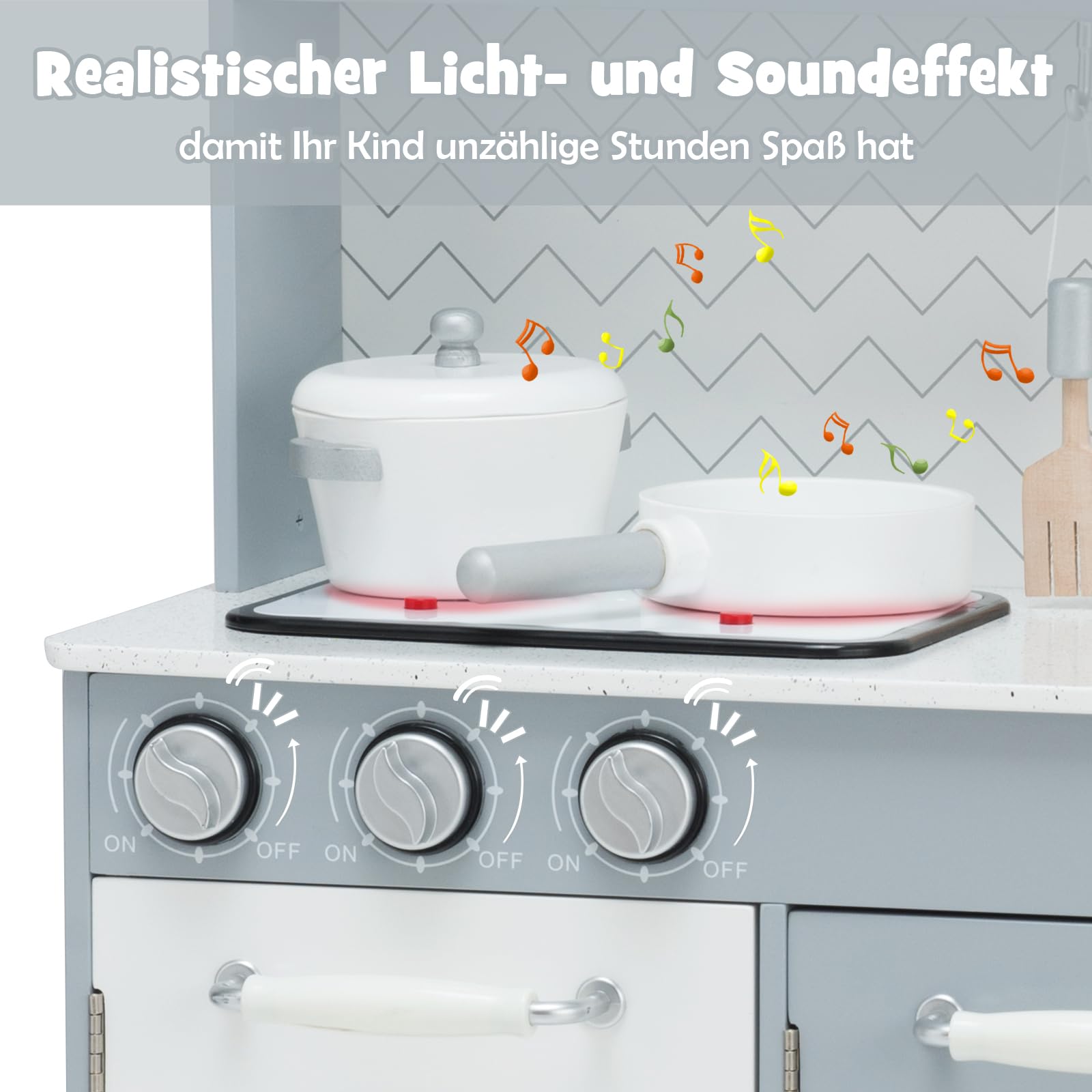 DREAMADE Spielküche Kinderküche mit Licht und Sound, Kinderspielküche mit Spüle Herd Backofen Mikrowelle, Kinder Küche aus Holz mit Spielzubehör für Kinder ab 3 Jahren