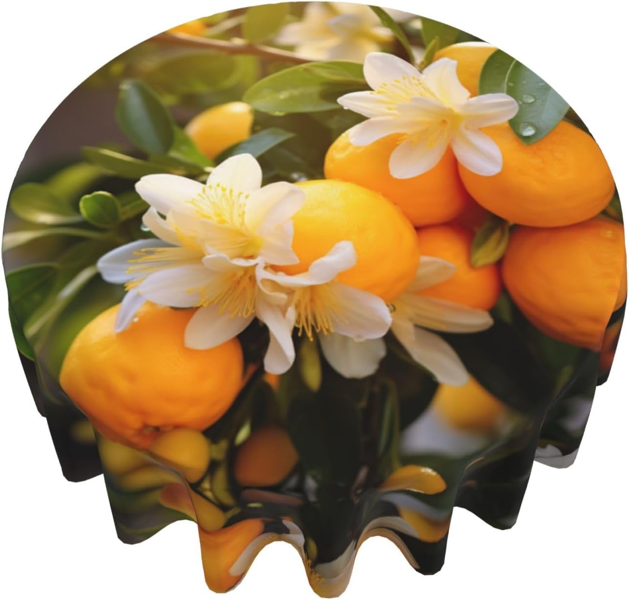 Yellow Blossom and Orange Fruits2 Print Wrinkle Free Dining Table Cover for Birthday Party Farmhouse Tablecloths Up to 60 x 60 Inches