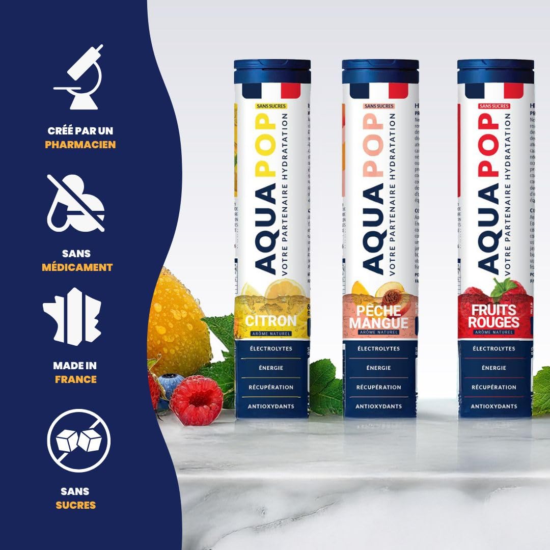 AQUAPOP - Pastilles électrolytes - Pack de 3 tubes - Sans Sucres - Favorise l'hydratation et l'énergie - 60 Comprimés Minéraux et Vitamines - Sport & Bien-être - Fruits Rouge, Citron, Pêche - 3-Pack